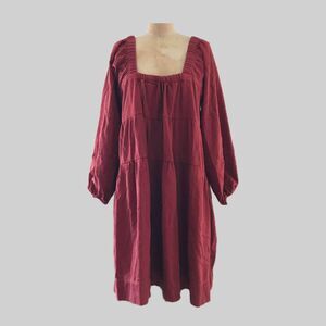 Free People Burgundy Cotton Denim Long Bubble Sleeve Tiered Mini Dress - S M
